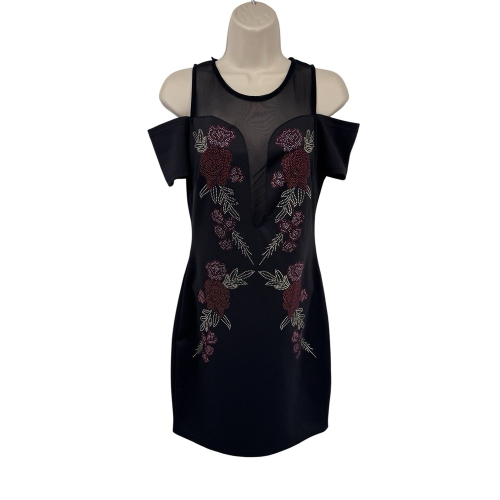 Available by Angela Fashion Cold Shoulder Dress Womens Small Black Beaded Mesh
